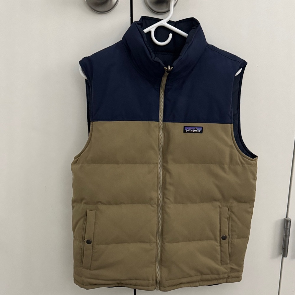LIKE NEW Patagonia Men's Blue and Tan Reversible Down Vest